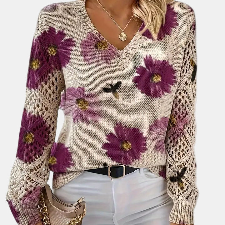 Floral Knit Sweater with V-Neckline and Open Sleeves for Women - Ribbed Hem