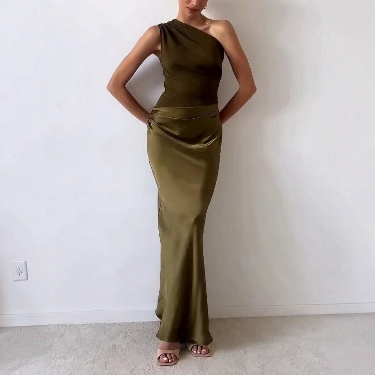 One Shoulder Maxi Dress with Pleated Asymmetric Waist and Full Lining, Floor-Length