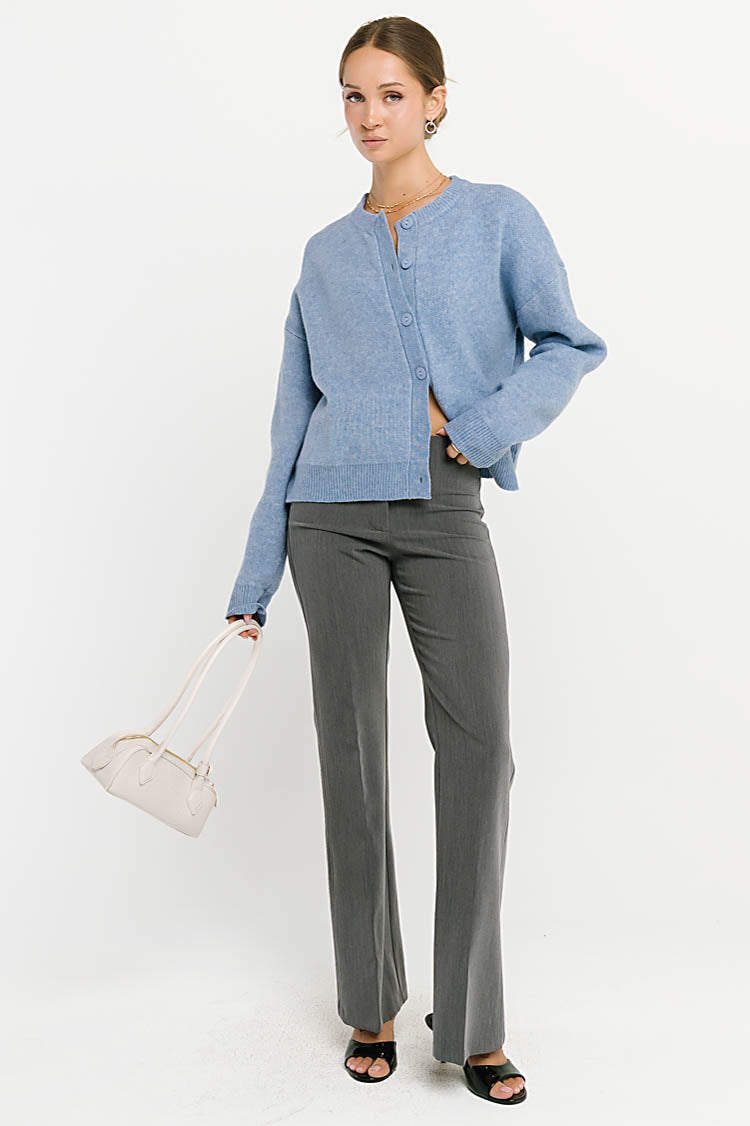 Stretch Knit Cardigan with Button Front and Ribbed Cuffs, Light Blue