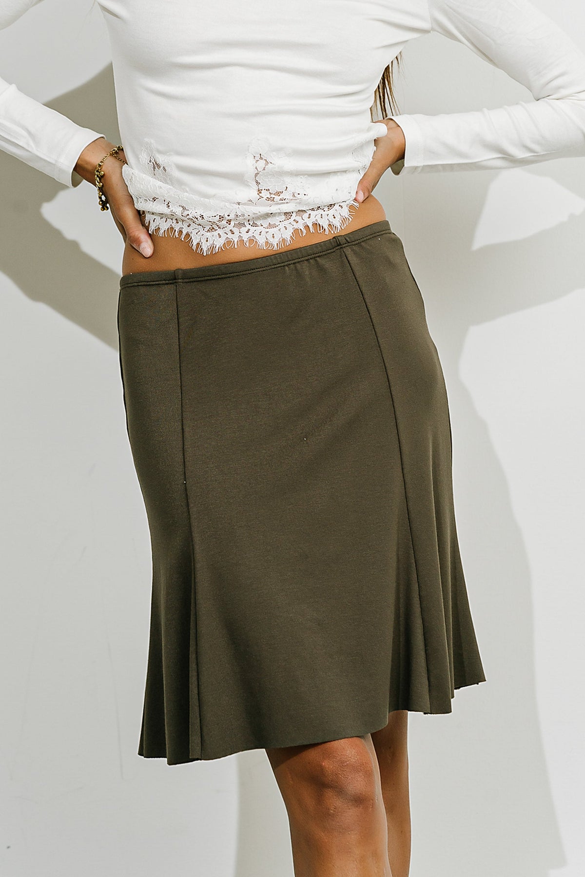 Ribbed Knit Skirt with Elastic Waistband and Modal Blend, Knee Length