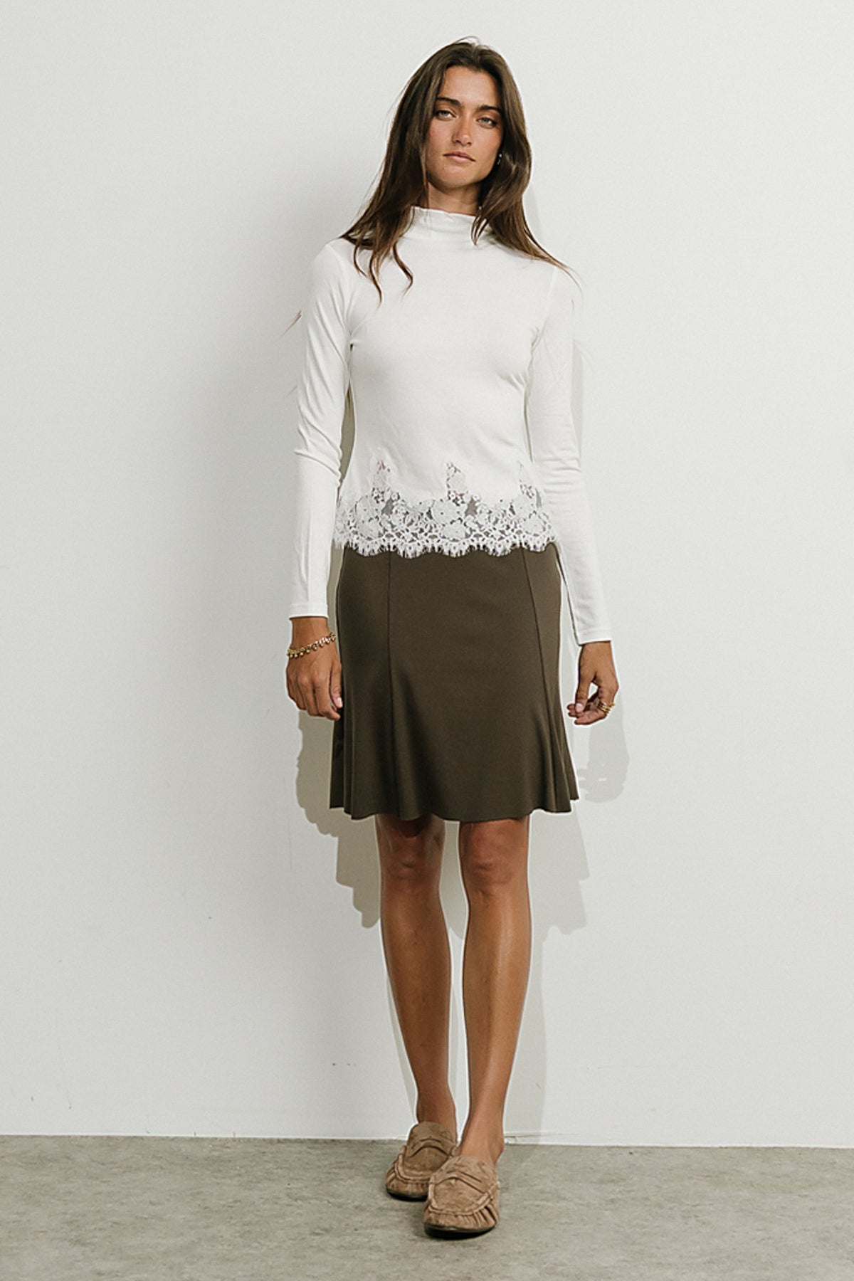Ribbed Knit Skirt with Elastic Waistband and Modal Blend, Knee Length
