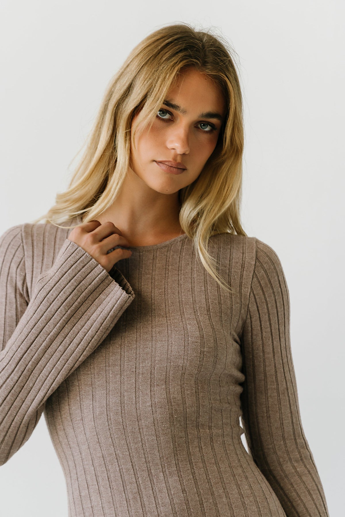Ribbed Knit Maxi Dress with Bell Sleeves and Round Neckline, Taupe