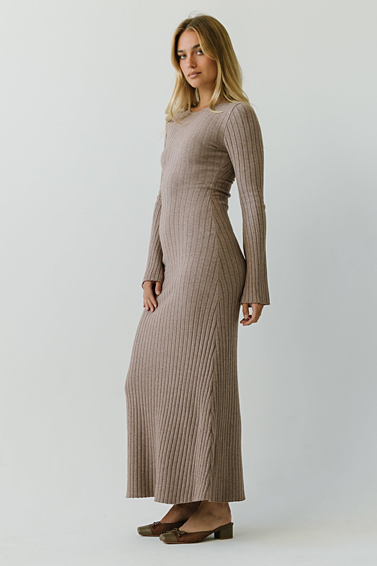 Ribbed Knit Maxi Dress with Bell Sleeves and Round Neckline, Taupe