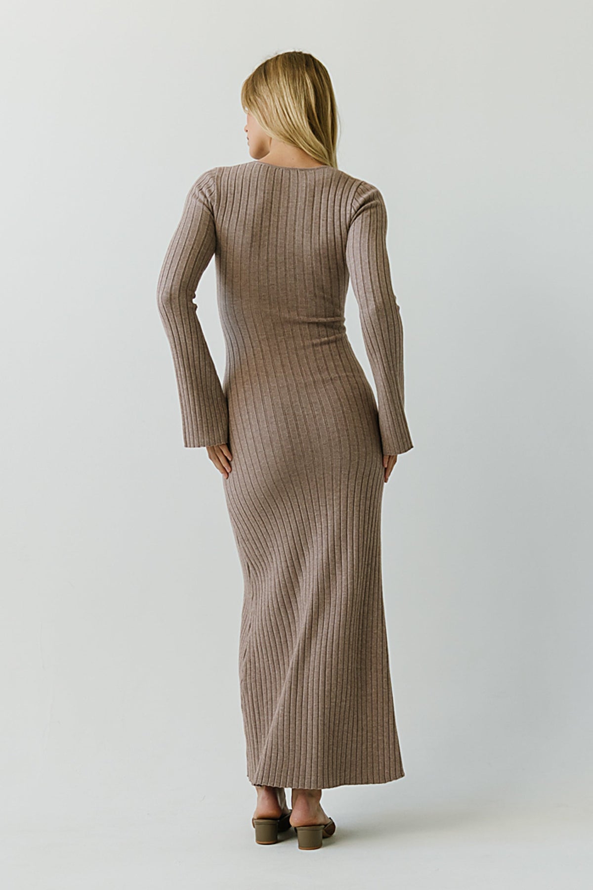 Ribbed Knit Maxi Dress with Bell Sleeves and Round Neckline, Taupe