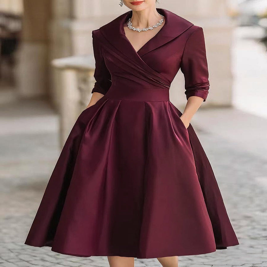 Satin-Like Midi Dress with Stretch Blend and Semi-Fitted Bodice - Mid-Calf Length