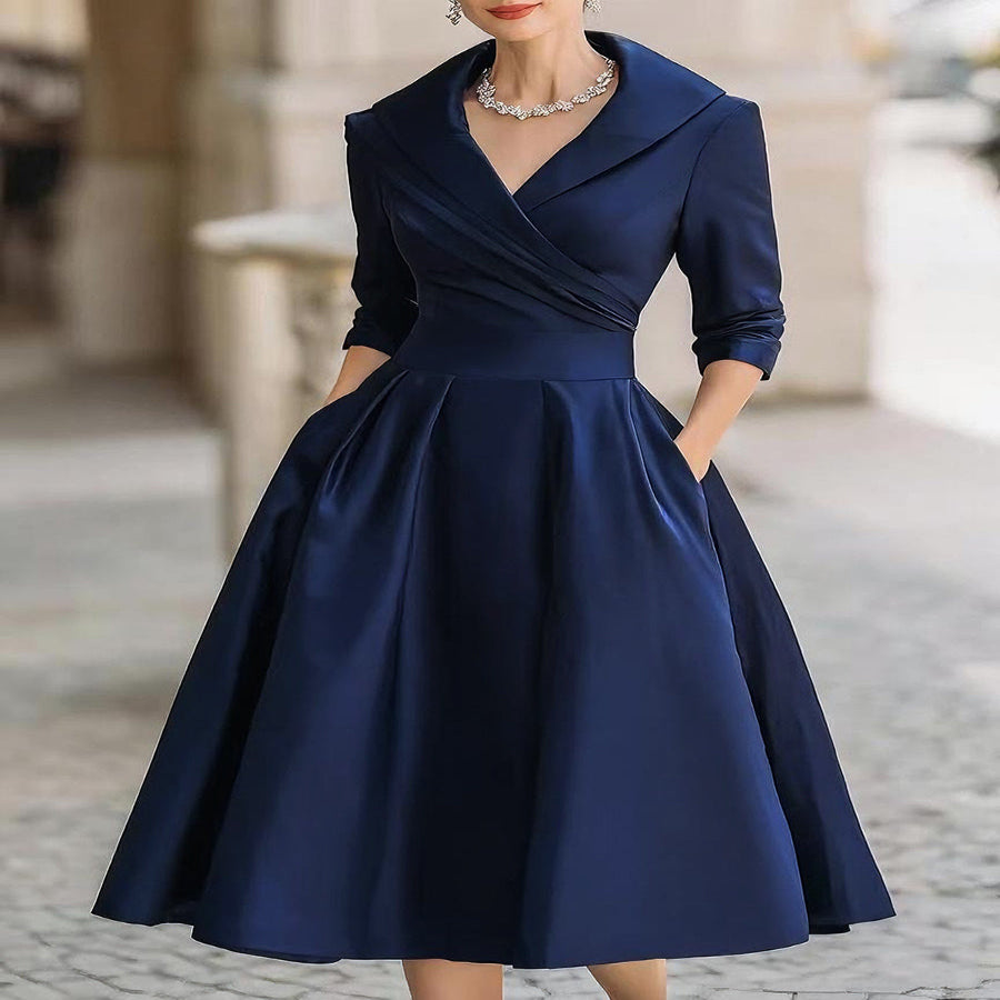 Satin-Like Midi Dress with Stretch Blend and Semi-Fitted Bodice - Mid-Calf Length