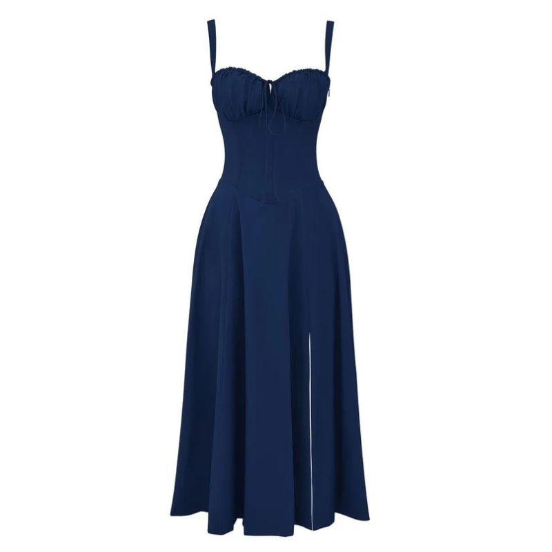 Corset Midi Dress with Structured Bodice and Flowing Flared Skirt, Stretch Lined