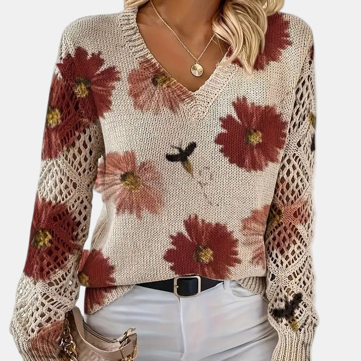 Floral Knit Sweater with V-Neckline and Open Sleeves for Women - Ribbed Hem