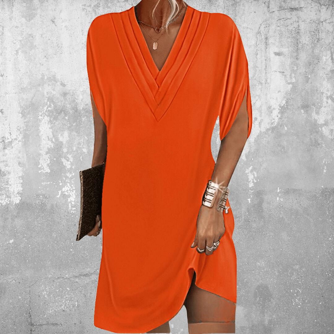 Tummy Covering Dress with Draped V-Neck and Short Sleeve Cut-Out, Lightweight Fabric