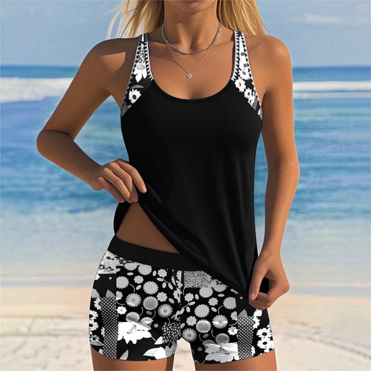 Tank-Style Swimsuit with Adjustable Straps and Floral Shorts