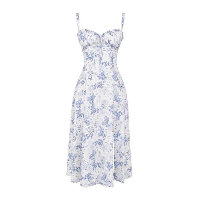 Corset Midi Dress with Structured Bodice and Flowing Flared Skirt, Stretch Lined