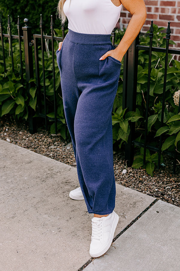 Elastic Waist Knit Pants with Side Pockets and Pleated Hem, Relaxed Fit