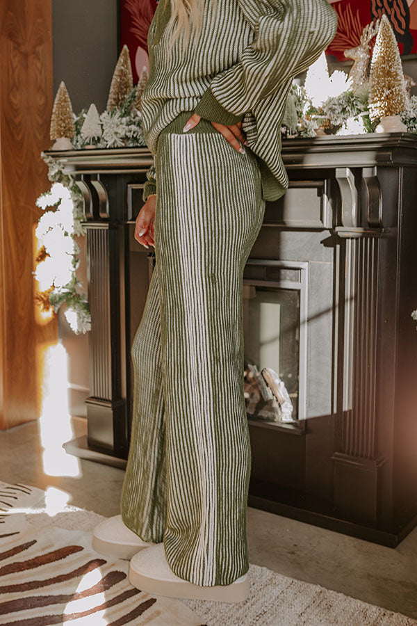 Striped Knit Pants with Ribbed Texture and Elastic Waistband, White Olive