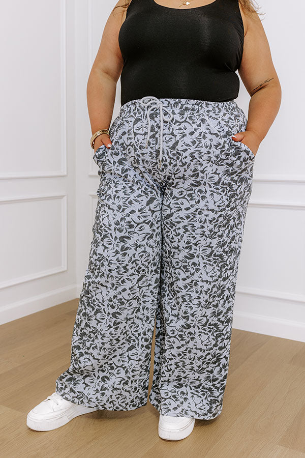 Wide Leg Jacquard Knit Pants with Elastic Waistband and Floral Pattern