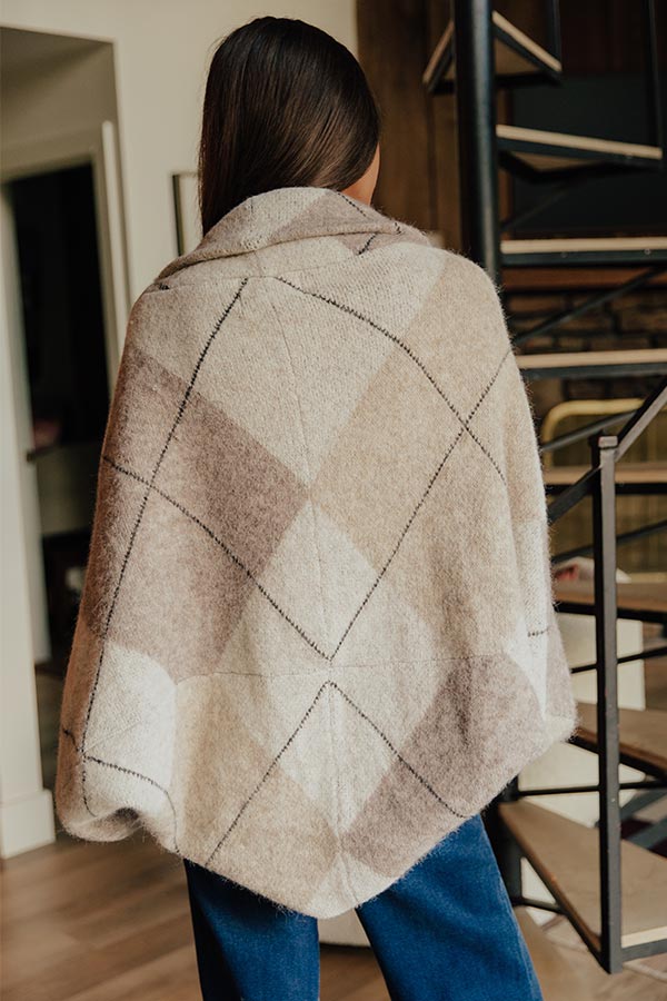 Argyle Cardigan with Open Front and Ribbed Cuffs, Uneven Hem