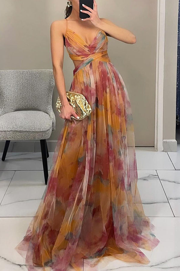 Women's Maxi Dress β Multicolor, Thin Straps, V-Neck, Fluid Silhouette