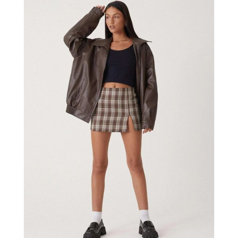 Oversized Leather Bomber Jacket with Boxy Dropped Shoulders and Elastic Hem for Women