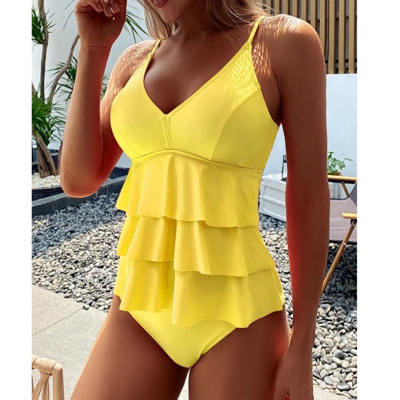 Womens Layered Tankini with Adjustable Straps and High-Rise Bottom