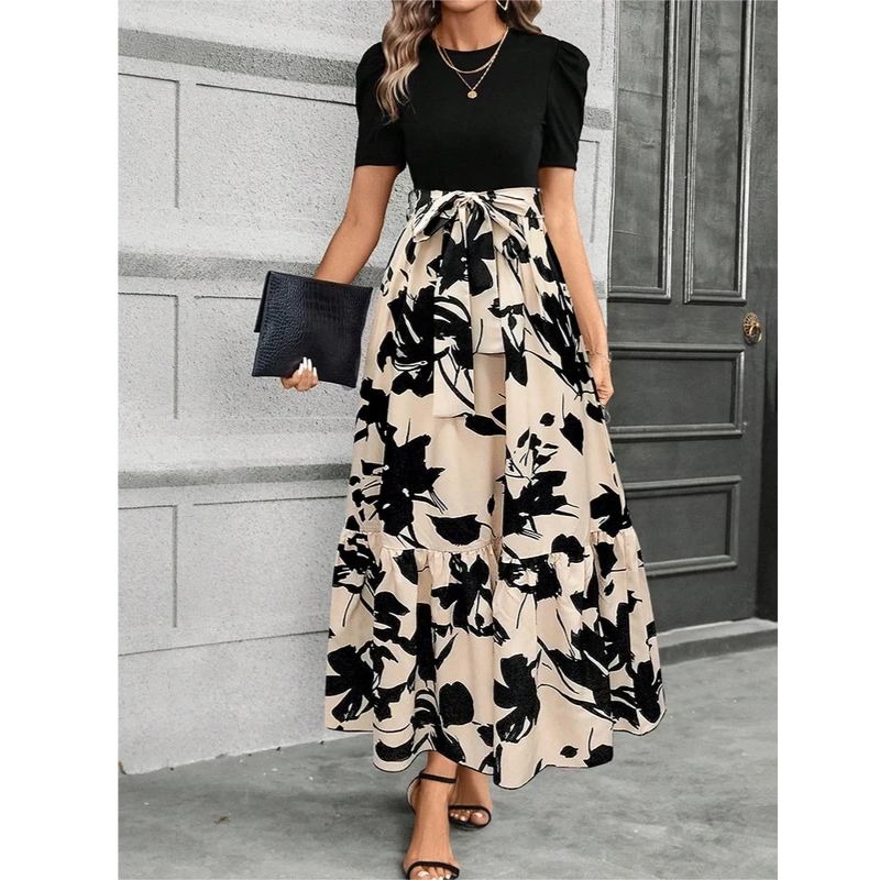 Maxi Dress with Adjustable Tie Waist and Short Sleeves, Lightweight Woven Fabric