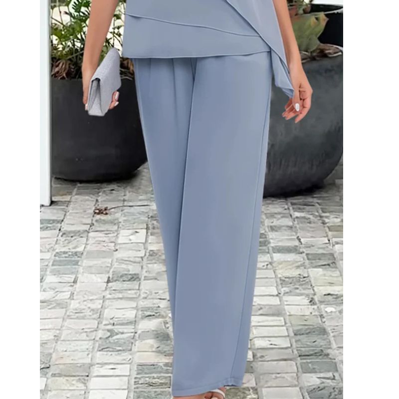 Womens Asymmetric Layered Blouse with High-Waisted Wide-Leg Trousers, Lightweight Fabric