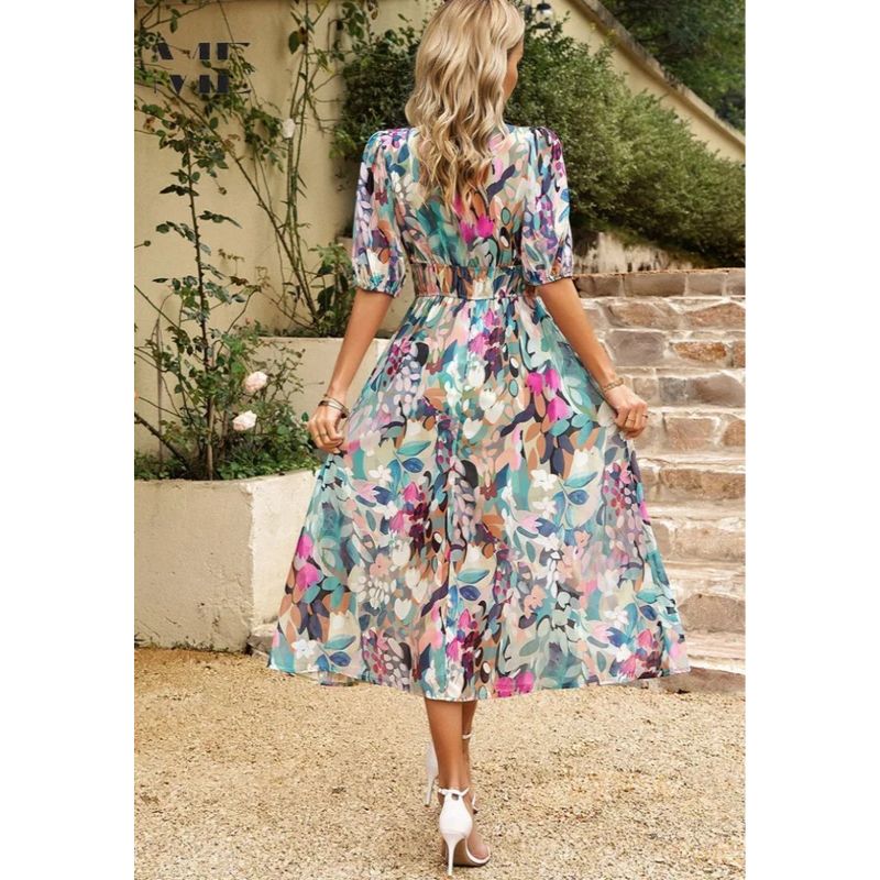 Floral Midi Dress with Puff Sleeves and Tailored Waist, Lightweight Woven Fabric
