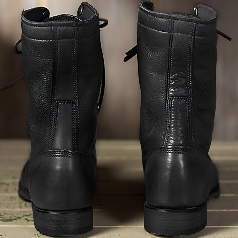 Mid Calf Lace Up Boots with Metal Eyelets and Stacked Heel for Women