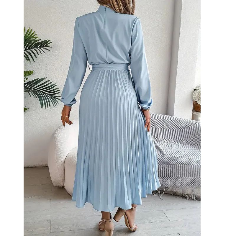 Long Sleeve Pleated Dress with Removable Belt and Hidden Zipper, Lightweight Polyester