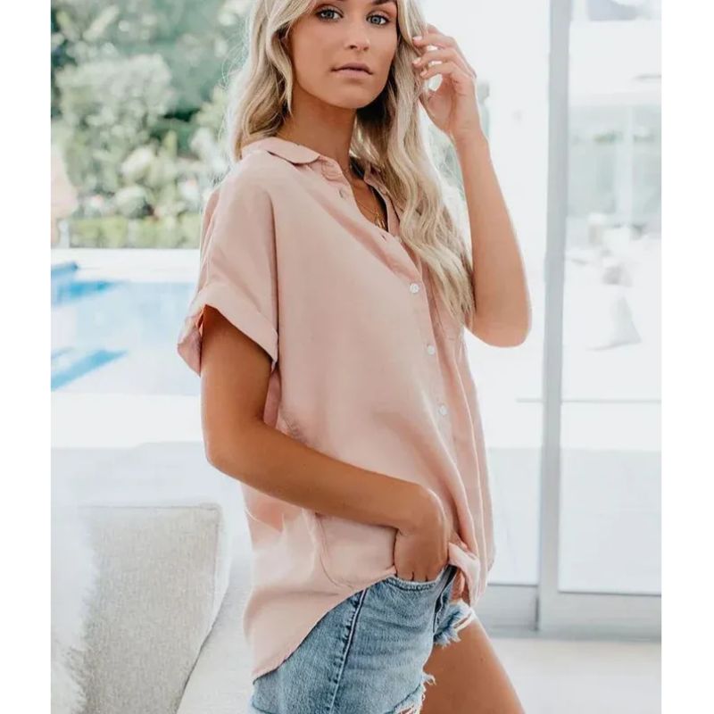 Womens Relaxed Fit Blouse with Button Front and Rolled Sleeve Detail