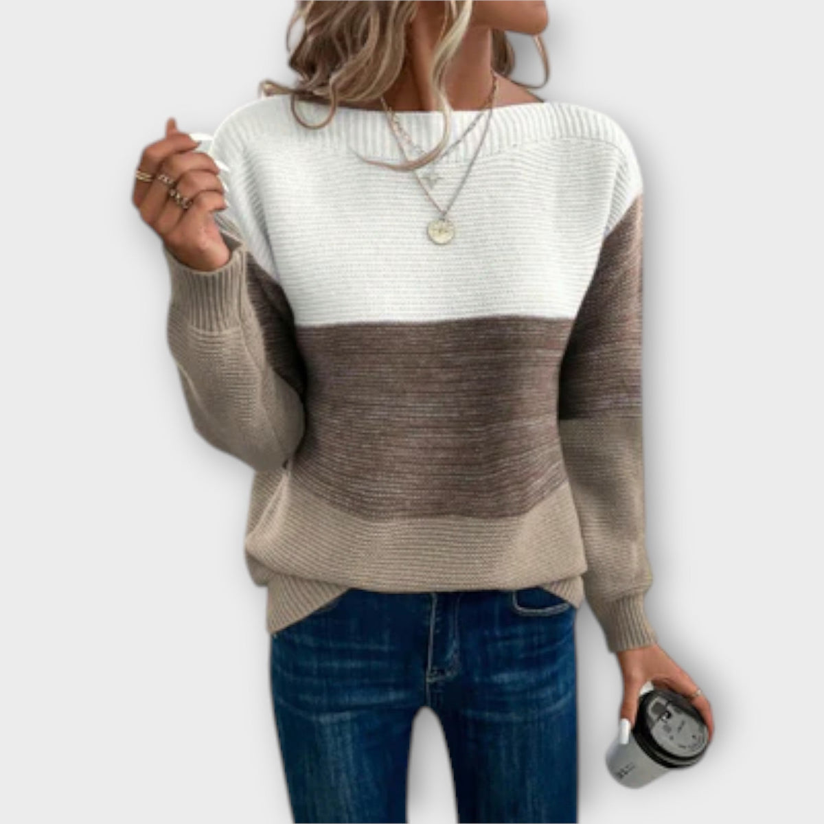 Color Block Sweater with Horizontal Stripes and Ribbed Texture, Wide Round Neckline
