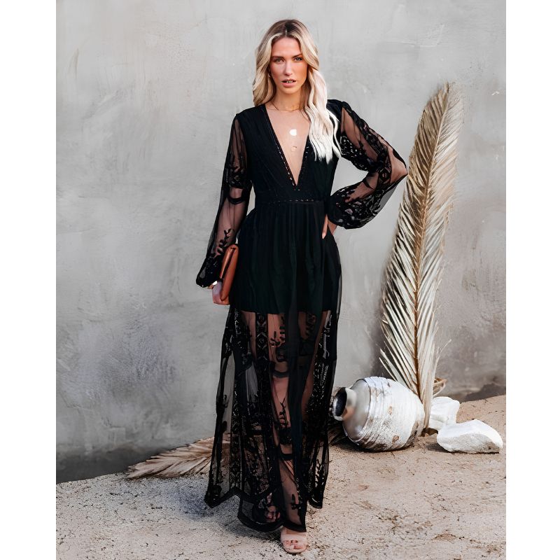 Womens Maxi Dress with V-Neck and Side Slit, Evening-Ready Soft Woven Blend
