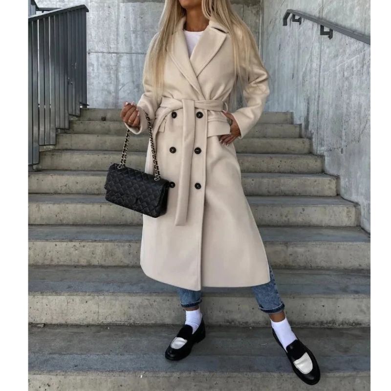 Womens Long Trench Coat with Removable Waist Belt and Insulated Lining, Machine Washable