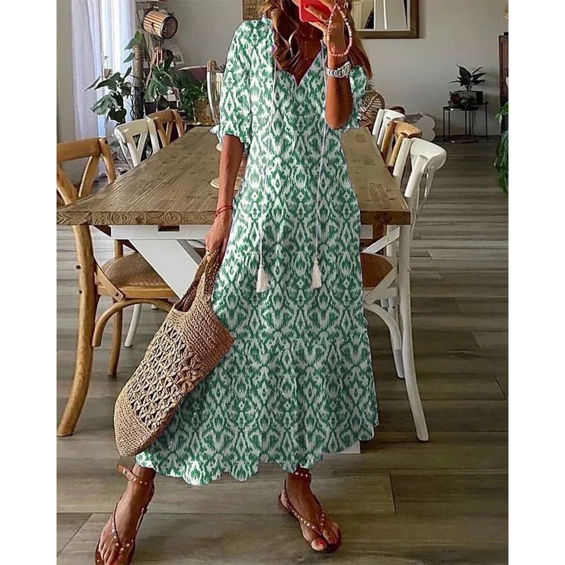 Womens A-Line Dress with Geometric Print and Lantern Sleeves, V-Neck