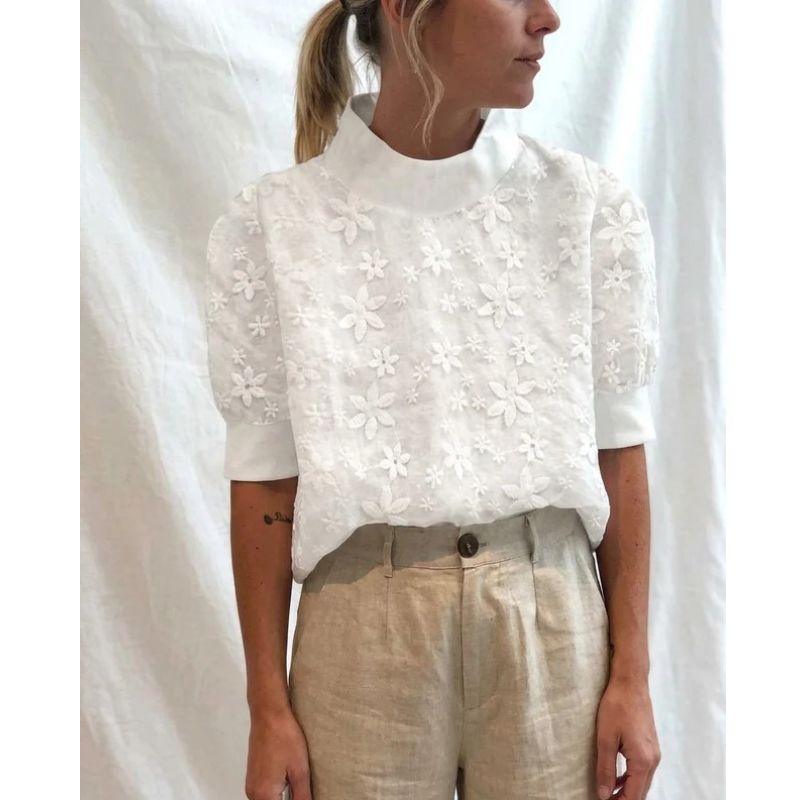 Embroidered Stand Collar Blouse with Floral Detail and Relaxed Fit