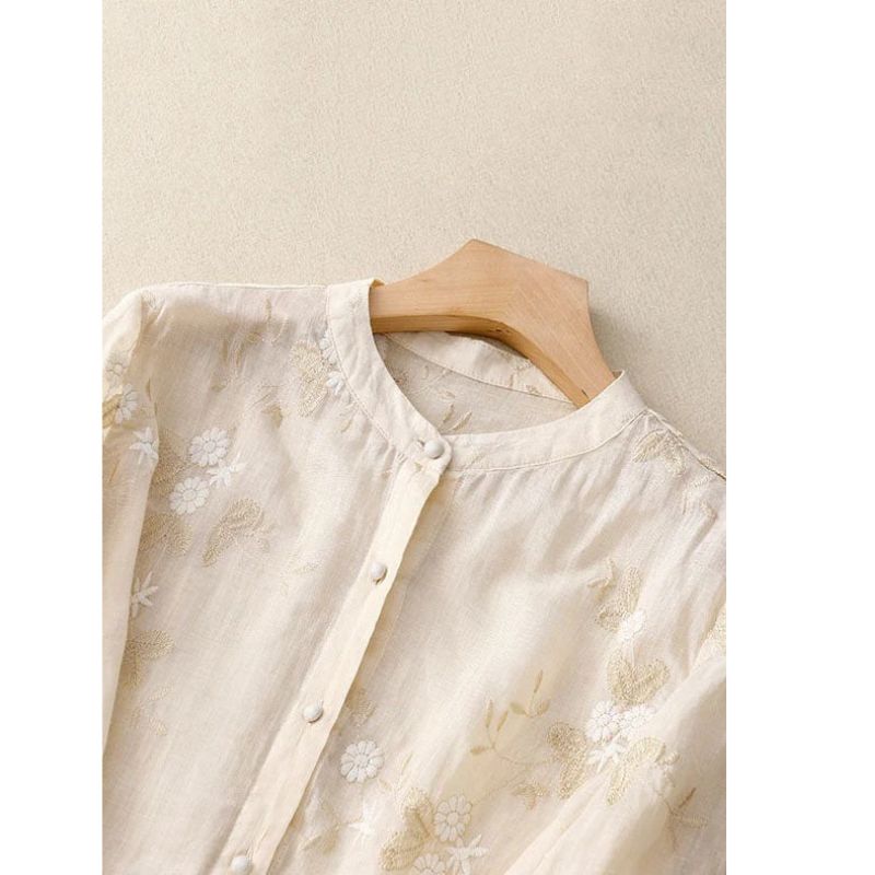 Womens Long Sleeve Blouse with Delicate Floral Embroidery and Relaxed Fit