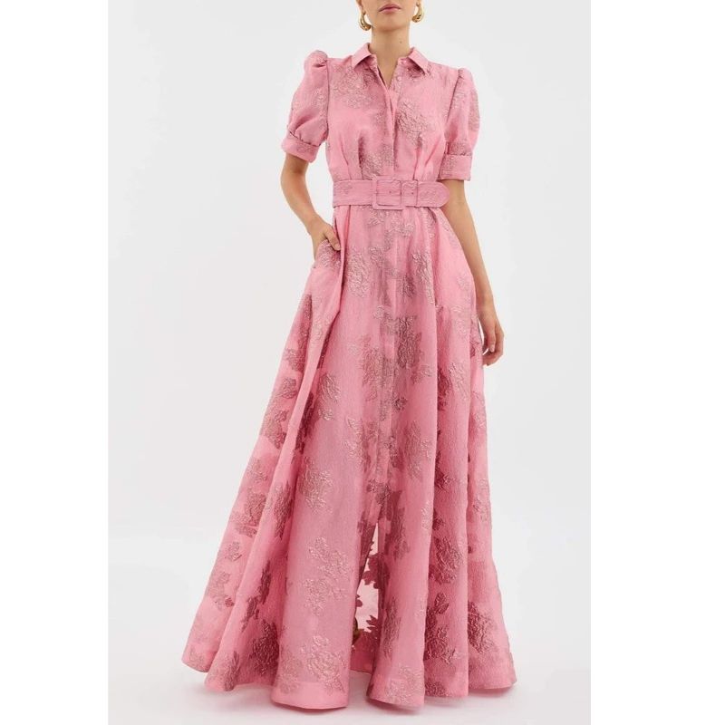 Womens Floral Dress with Puff Sleeves and Belted Waist