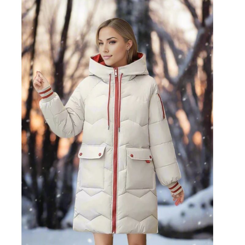 Womens Long Puffer Jacket with Attached Hood and Zippered Hand Pockets, Machine Washable