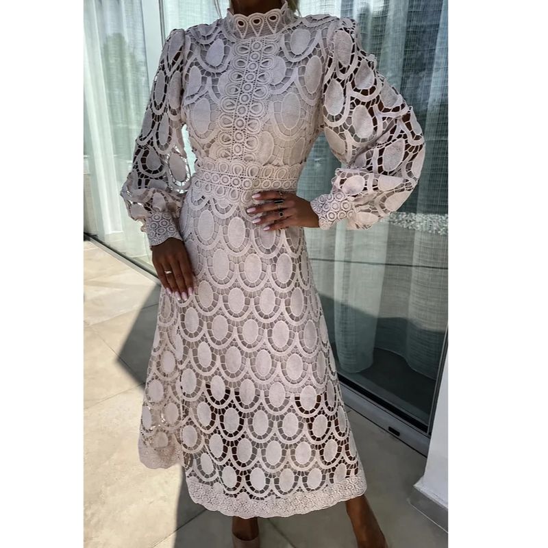 Midi Dress with Lace Overlay and Fitted Bodice