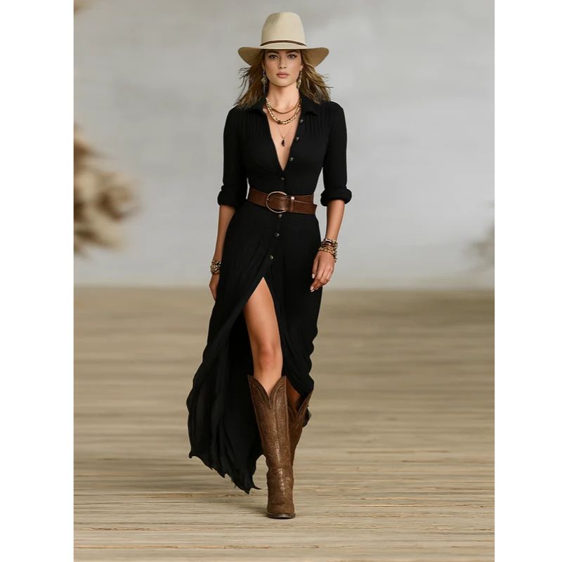 Maxi Dress with Shawl Collar and Adjustable Waist Belt, Floor-Length