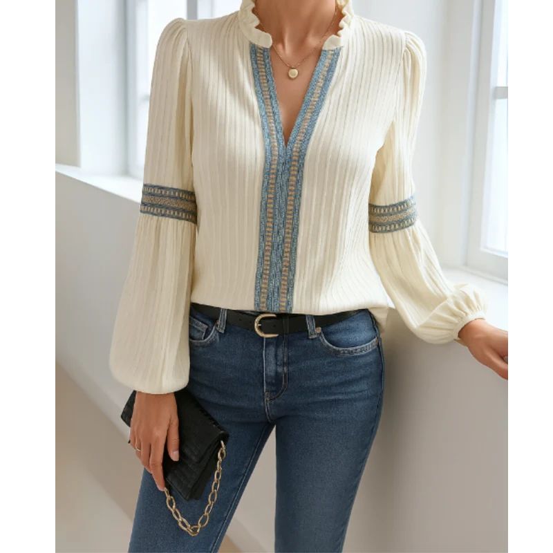 Womens Cotton Blend V-Neck Blouse with Pleated Shoulders and Relaxed Fit