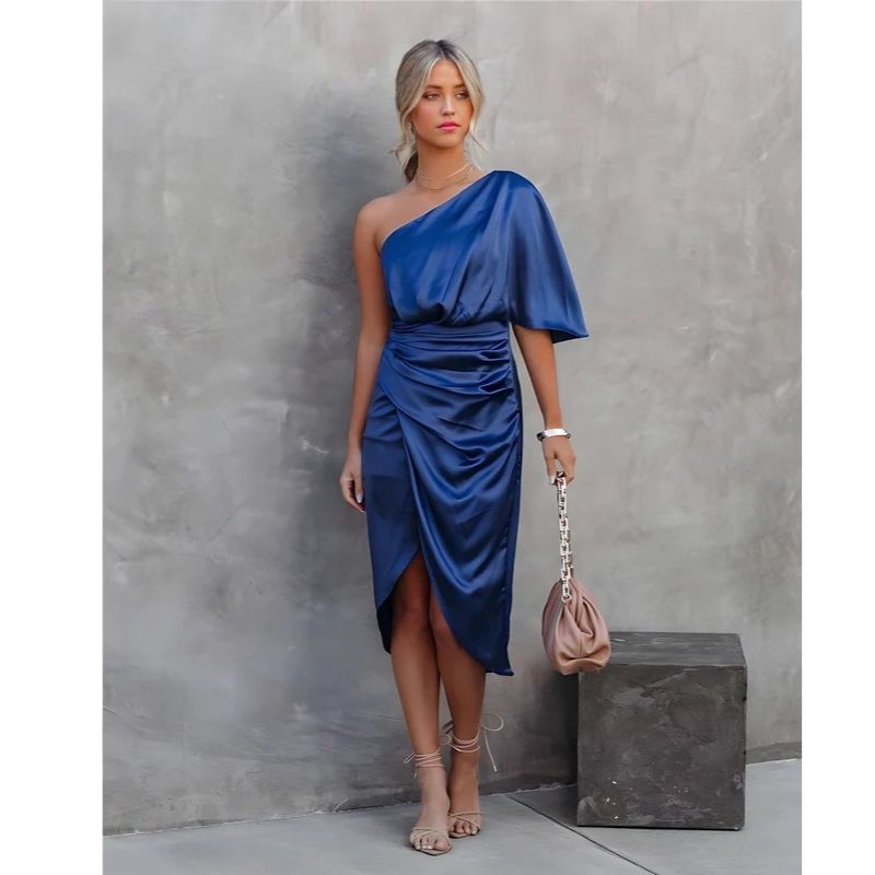 One Shoulder Midi Dress with Ruched Detailing and Side Zipper, Stretch Knit