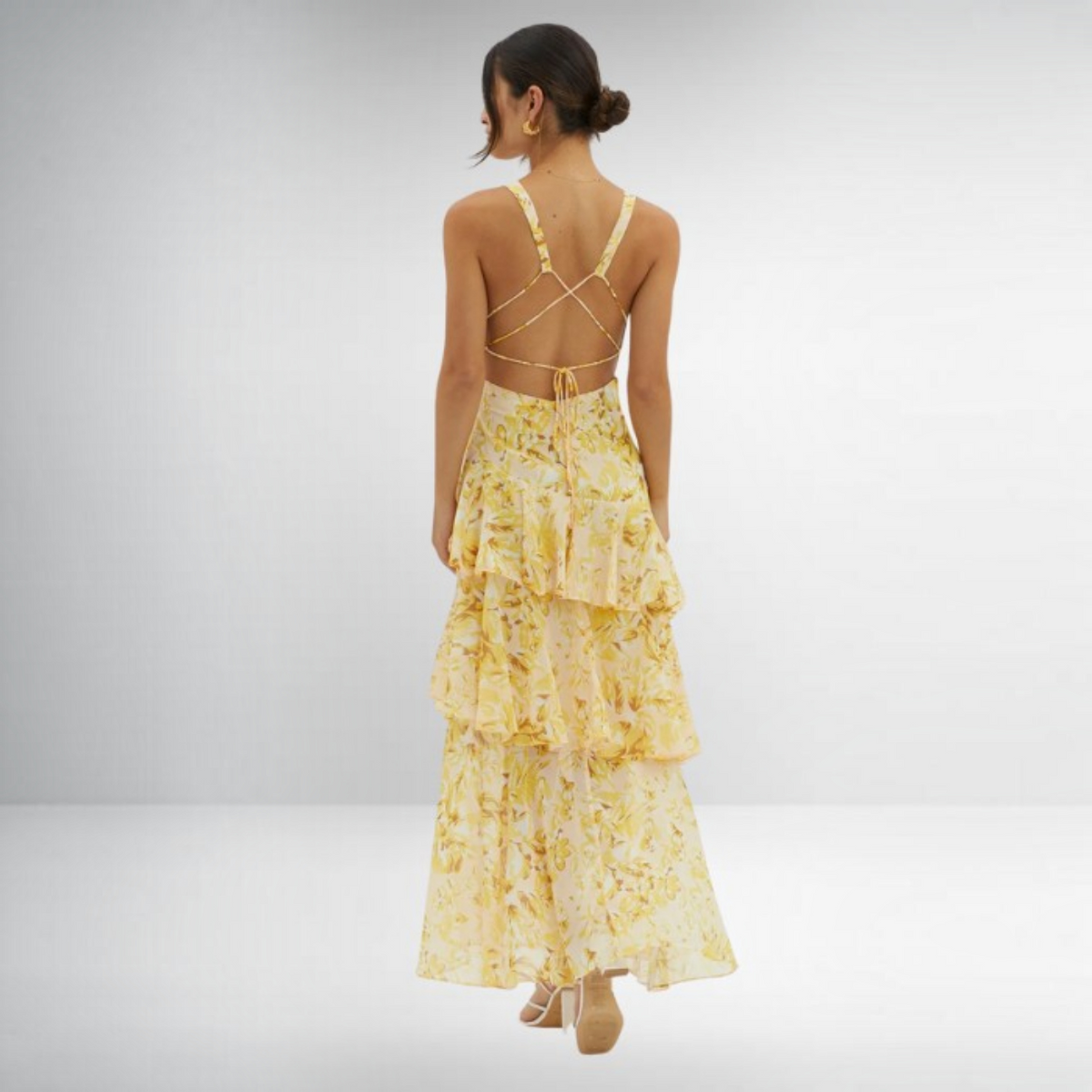 Maxi Dress with Lightweight Chiffon and Deep V-Neck, Tiered Ruffle Skirt