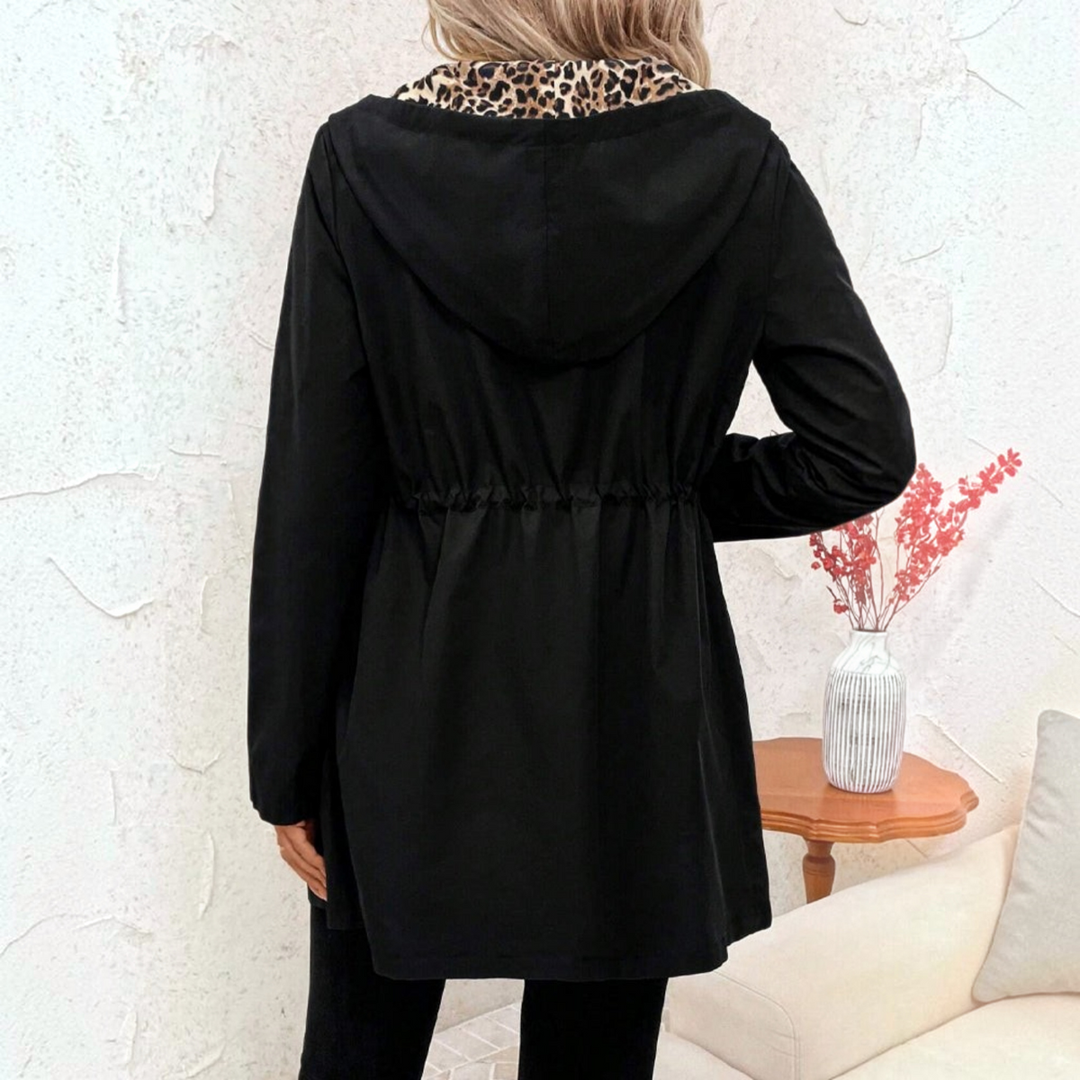 Reversible Coat with Leopard Print and Neutral Side, Relaxed Draping Silhouette