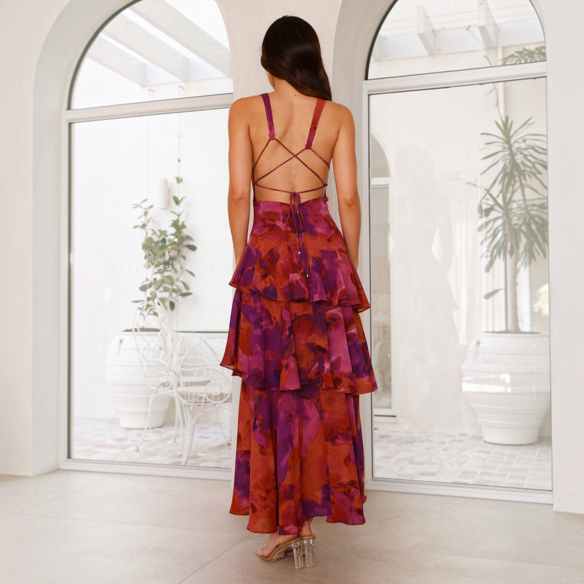 Maxi Dress with Lightweight Chiffon and Deep V-Neck, Tiered Ruffle Skirt