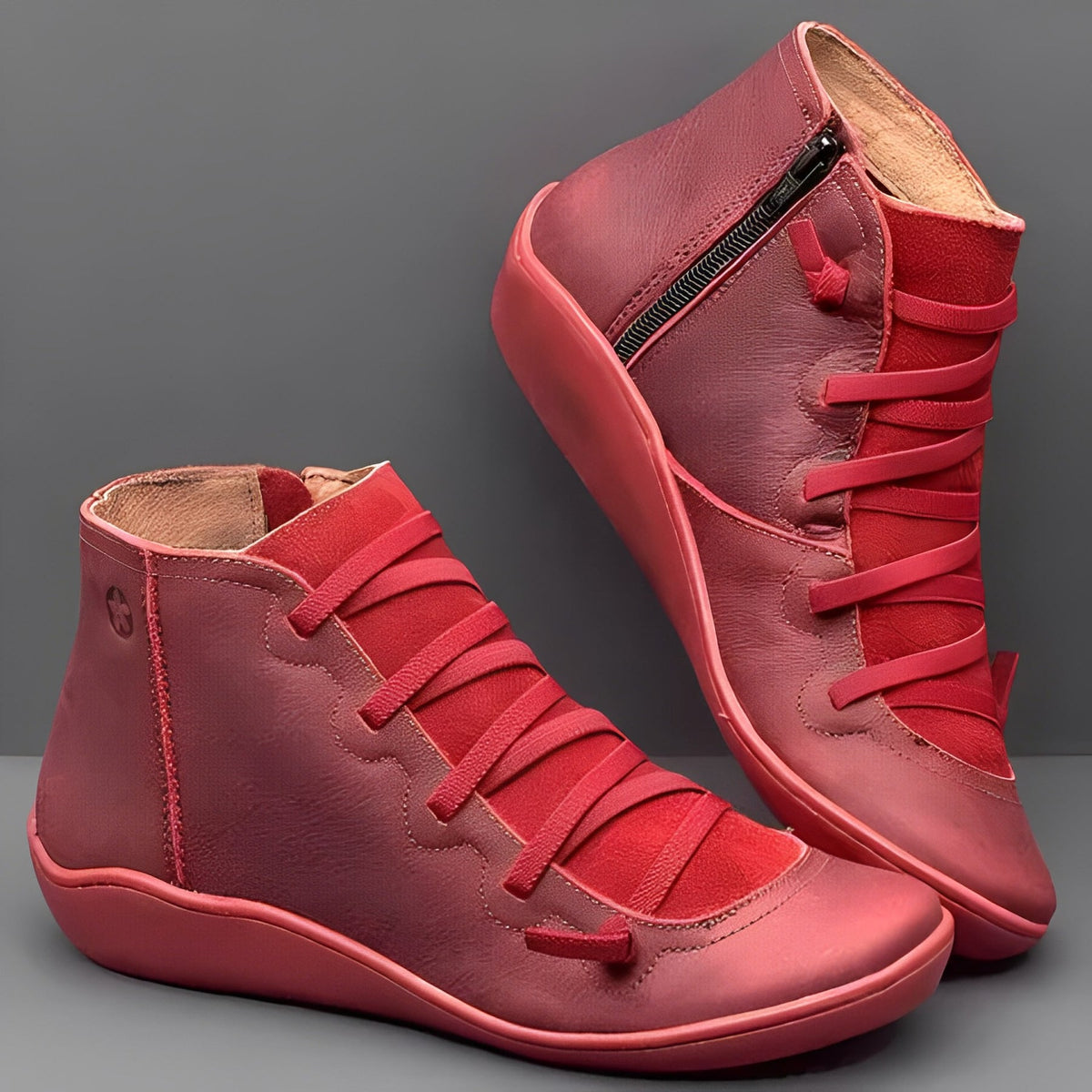 Womens Ankle Boots Lace-Up with Side Zipper and Cushioned Insole, Faux Leather