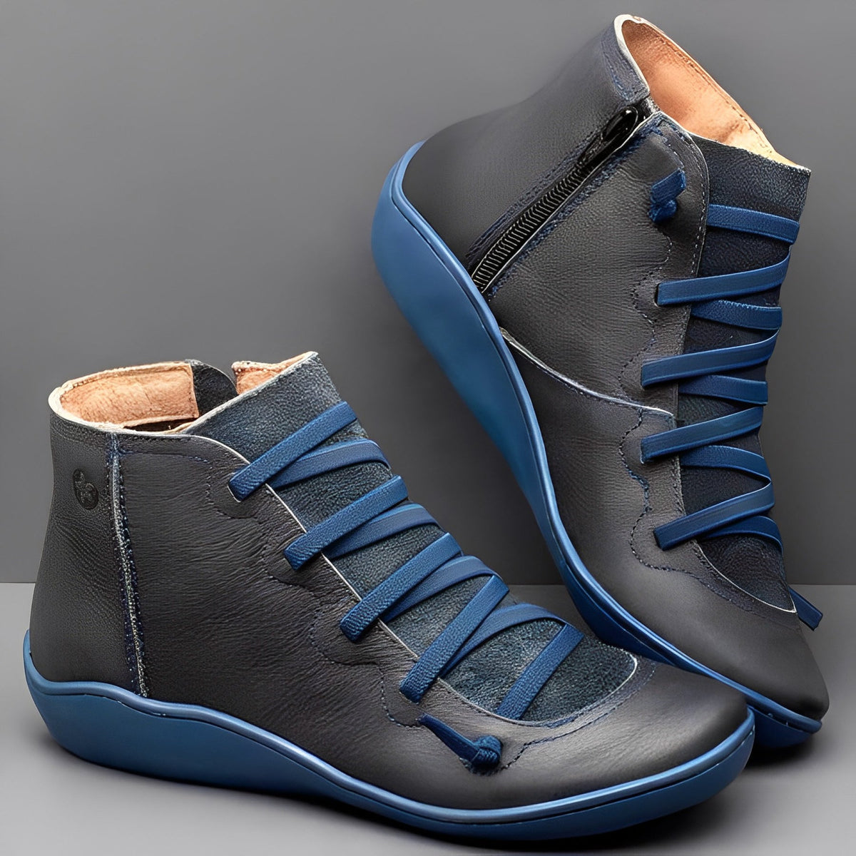 Womens Ankle Boots Lace-Up with Side Zipper and Cushioned Insole, Faux Leather