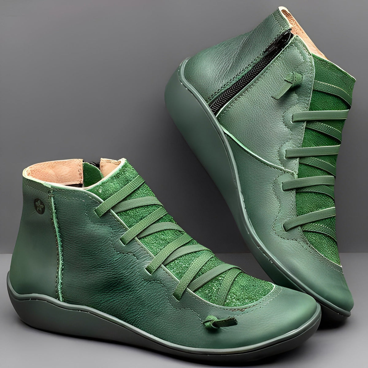 Womens Ankle Boots Lace-Up with Side Zipper and Cushioned Insole, Faux Leather