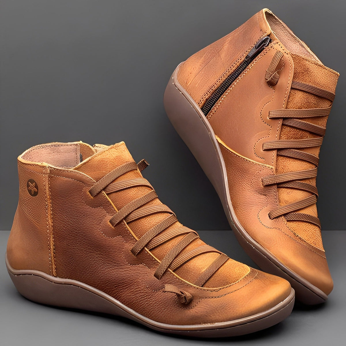 Womens Ankle Boots Lace-Up with Side Zipper and Cushioned Insole, Faux Leather