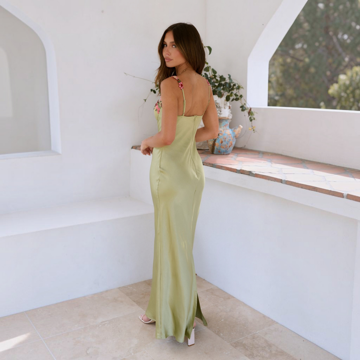 Floral Embroidered Maxi Dress with Lightweight Lining and Flowing Silhouette