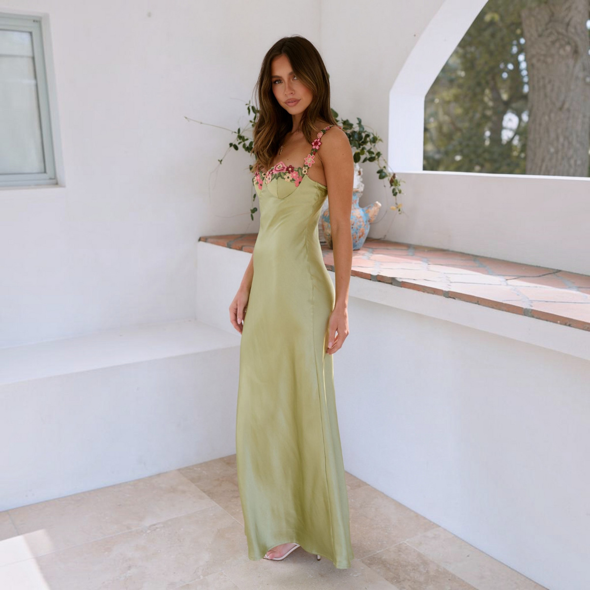 Floral Embroidered Maxi Dress with Lightweight Lining and Flowing Silhouette