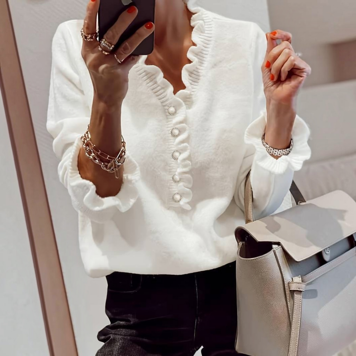Womens Ruffle Blouse with Decorative Front Buttons and Relaxed Fit, Woven Blend
